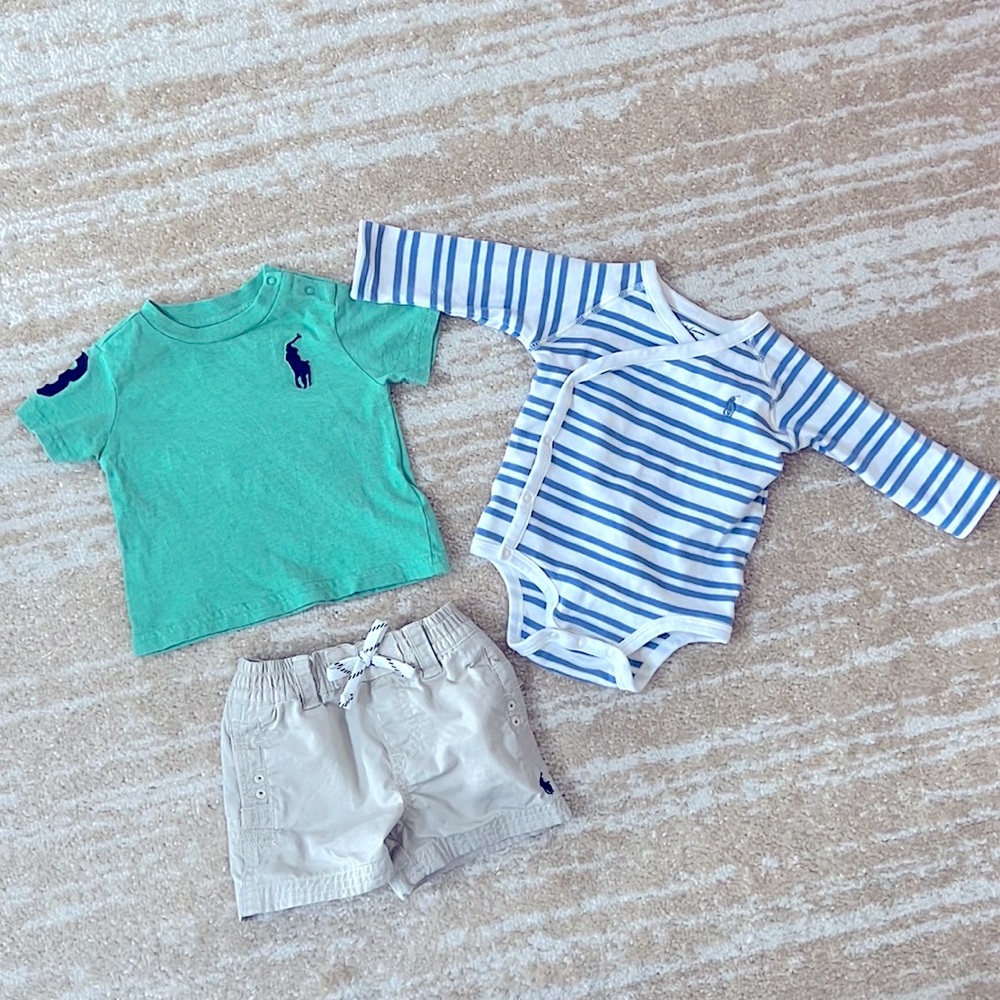 Green Large Polo insignia soft shirt, striped onesie, khaki shorts w RL gift box